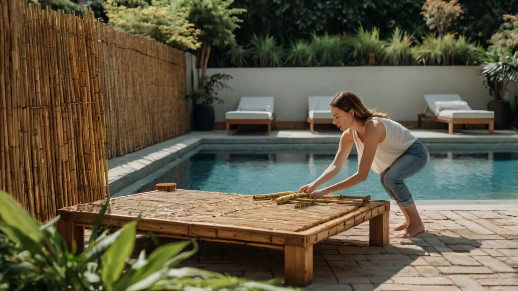 donna che costruisce una recinzione per piscina fai da te in bambù