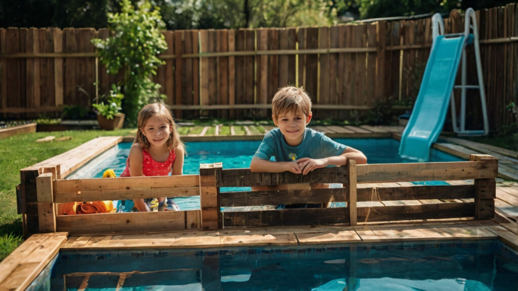 bambini che costruiscono una recinzione per piscina fai da te in pallet